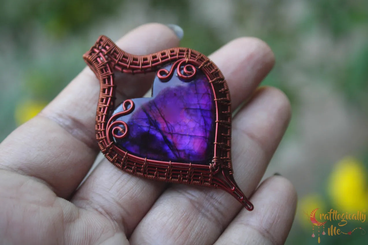Pink Dyed Labradorite Gemstone Heart Frame Pendant – Handmade Wire Wrapped Jewelry