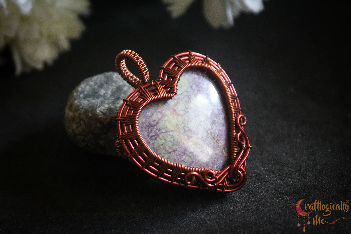 Stichtite Gemstone Swirly Heart Wrap Pendant – Handmade Wire Wrapped Jewelry