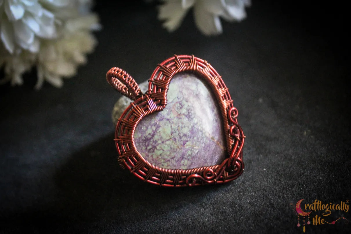 Stichtite Gemstone Swirly Heart Wrap Pendant – Handmade Wire Wrapped Jewelry