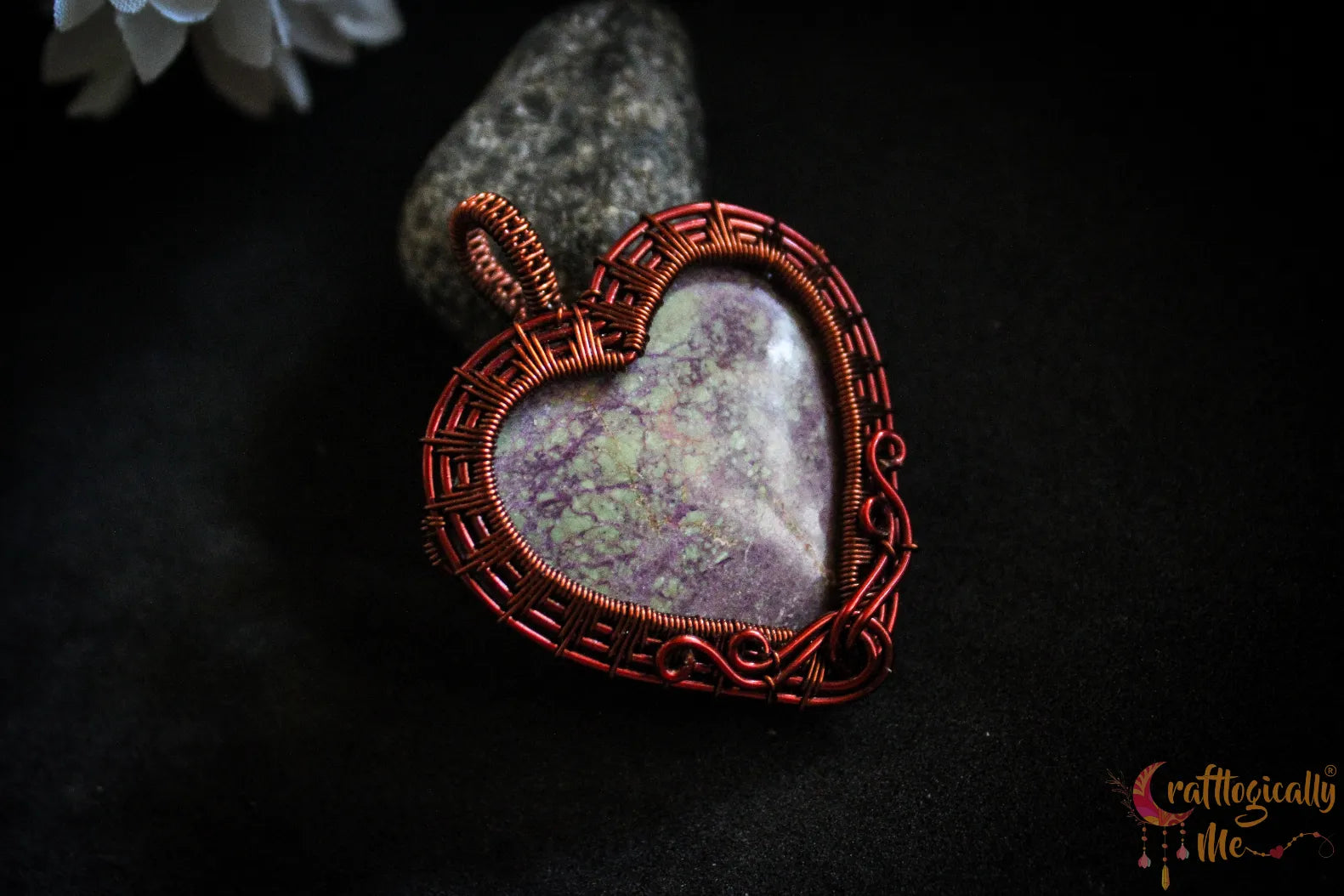 Stichtite Gemstone Swirly Heart Wrap Pendant – Handmade Wire Wrapped Jewelry