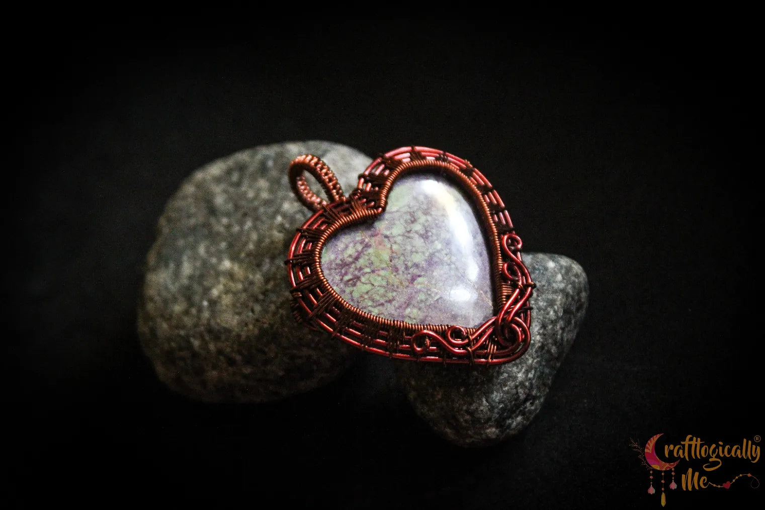 Stichtite Gemstone Swirly Heart Wrap Pendant – Handmade Wire Wrapped Jewelry
