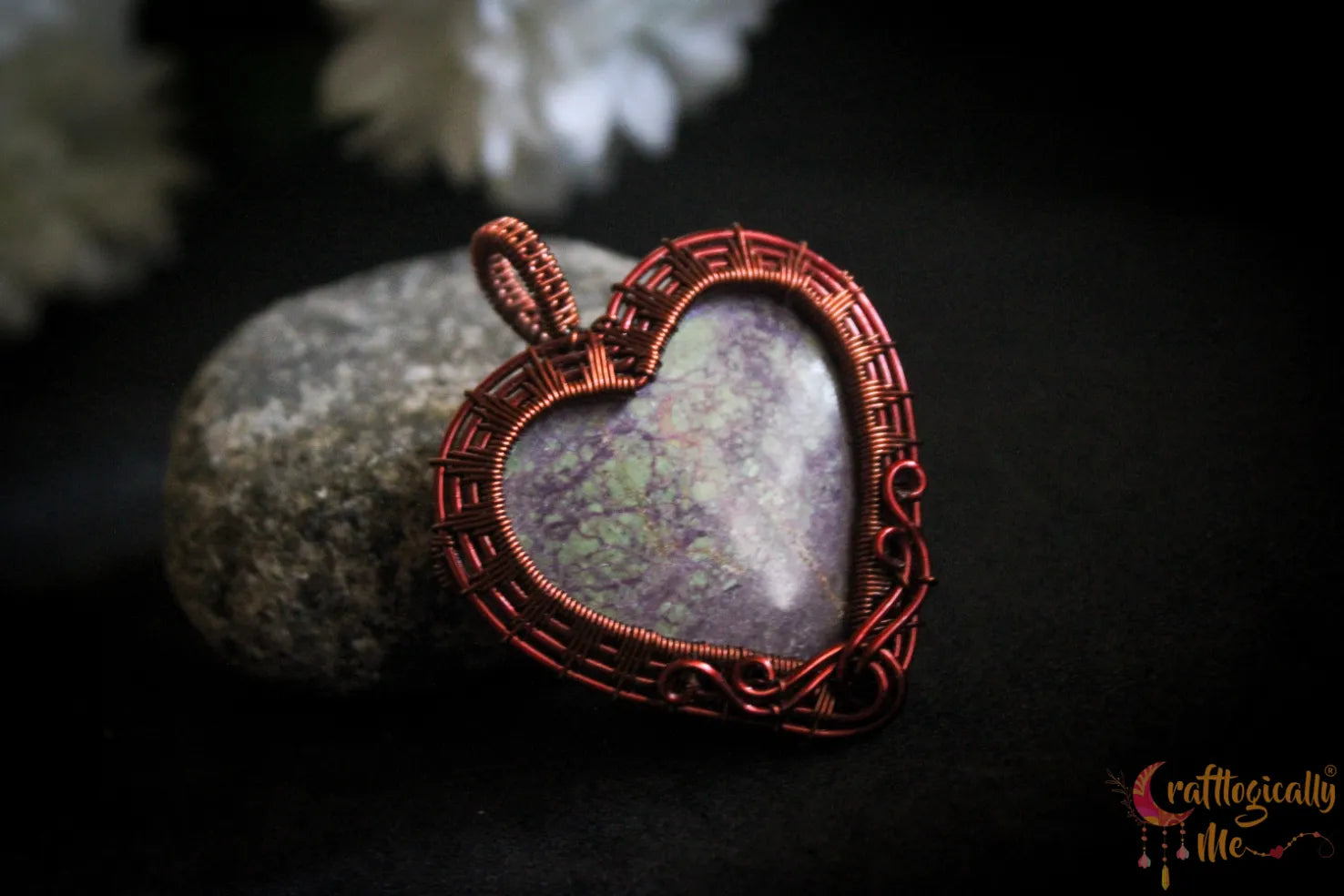 Stichtite Gemstone Swirly Heart Wrap Pendant – Handmade Wire Wrapped Jewelry