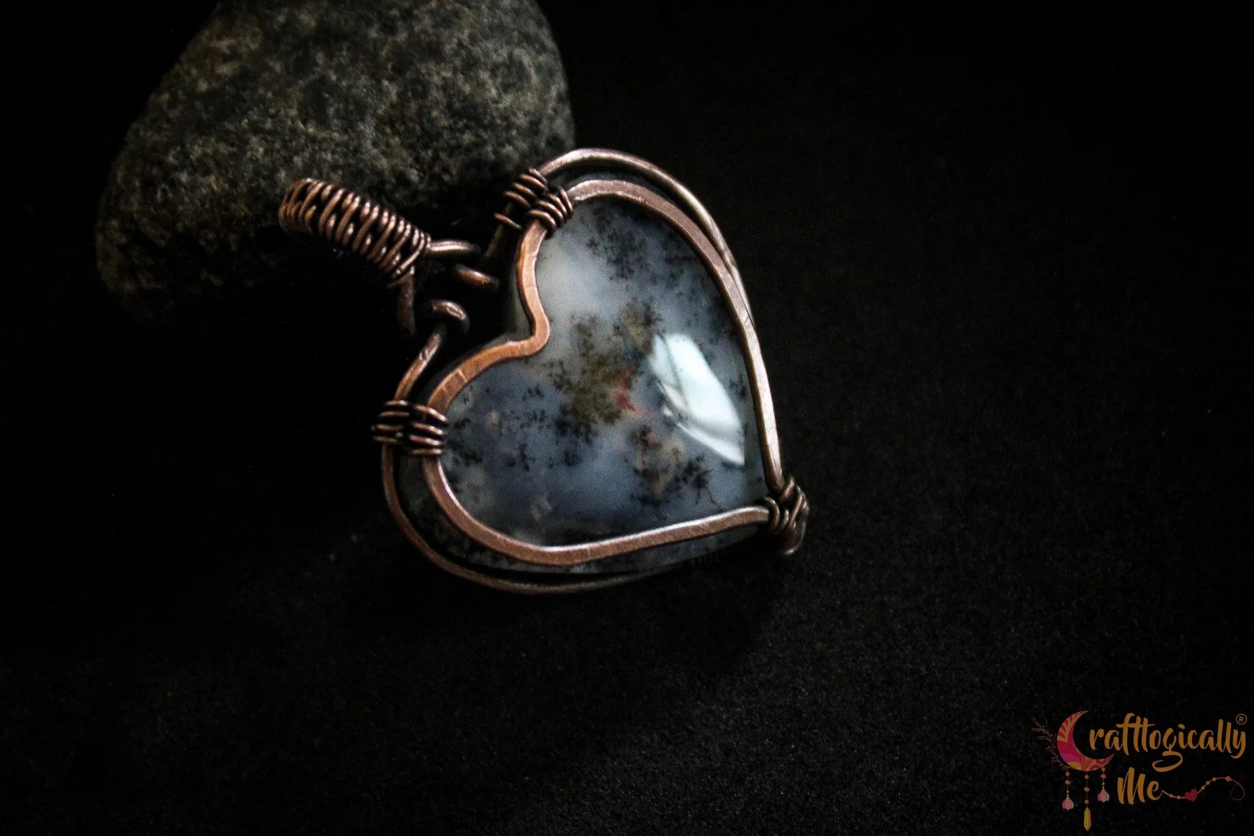 Dendritic Agate Oxidized Copper Wire Wrap Pendant – Handmade Gemstone Jewelry