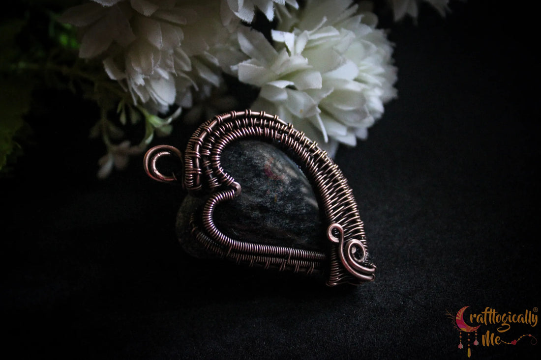 Silver Obsidian Gemstone Heart Wrap Pendant – Handmade Oxidized Copper Jewelry