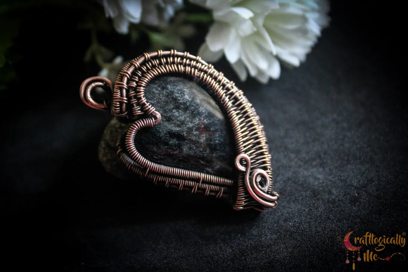 Silver Obsidian Gemstone Heart Wrap Pendant – Handmade Oxidized Copper Jewelry