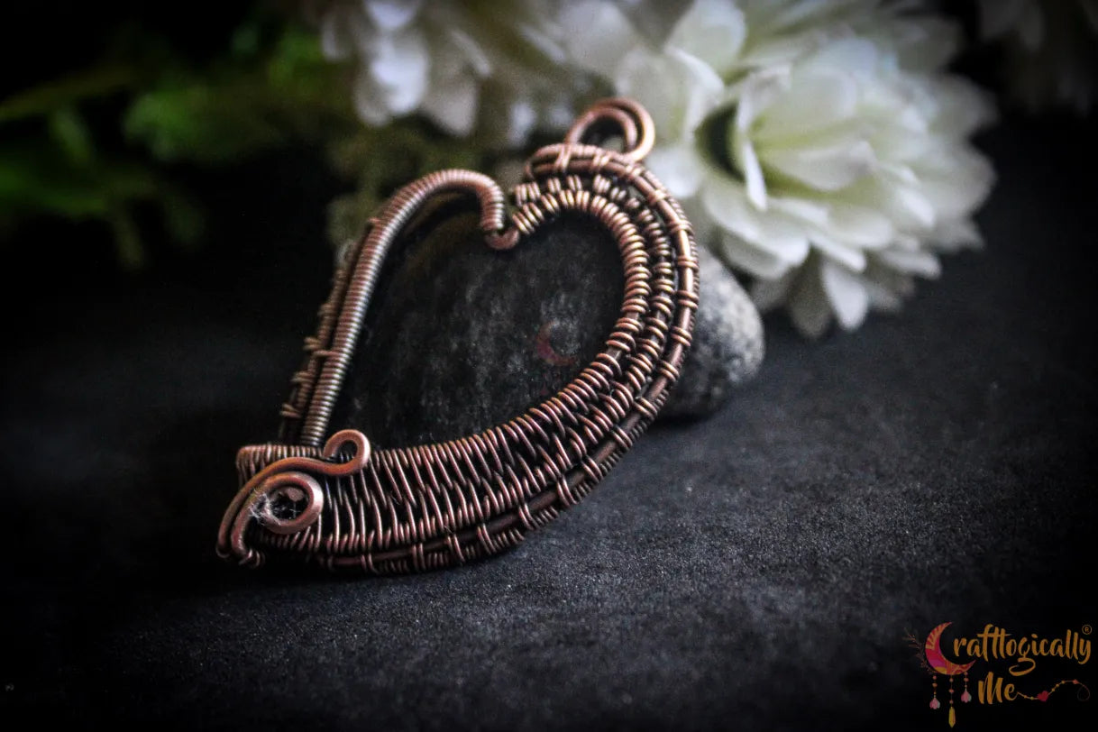 Silver Obsidian Gemstone Heart Wrap Pendant – Handmade Oxidized Copper Jewelry