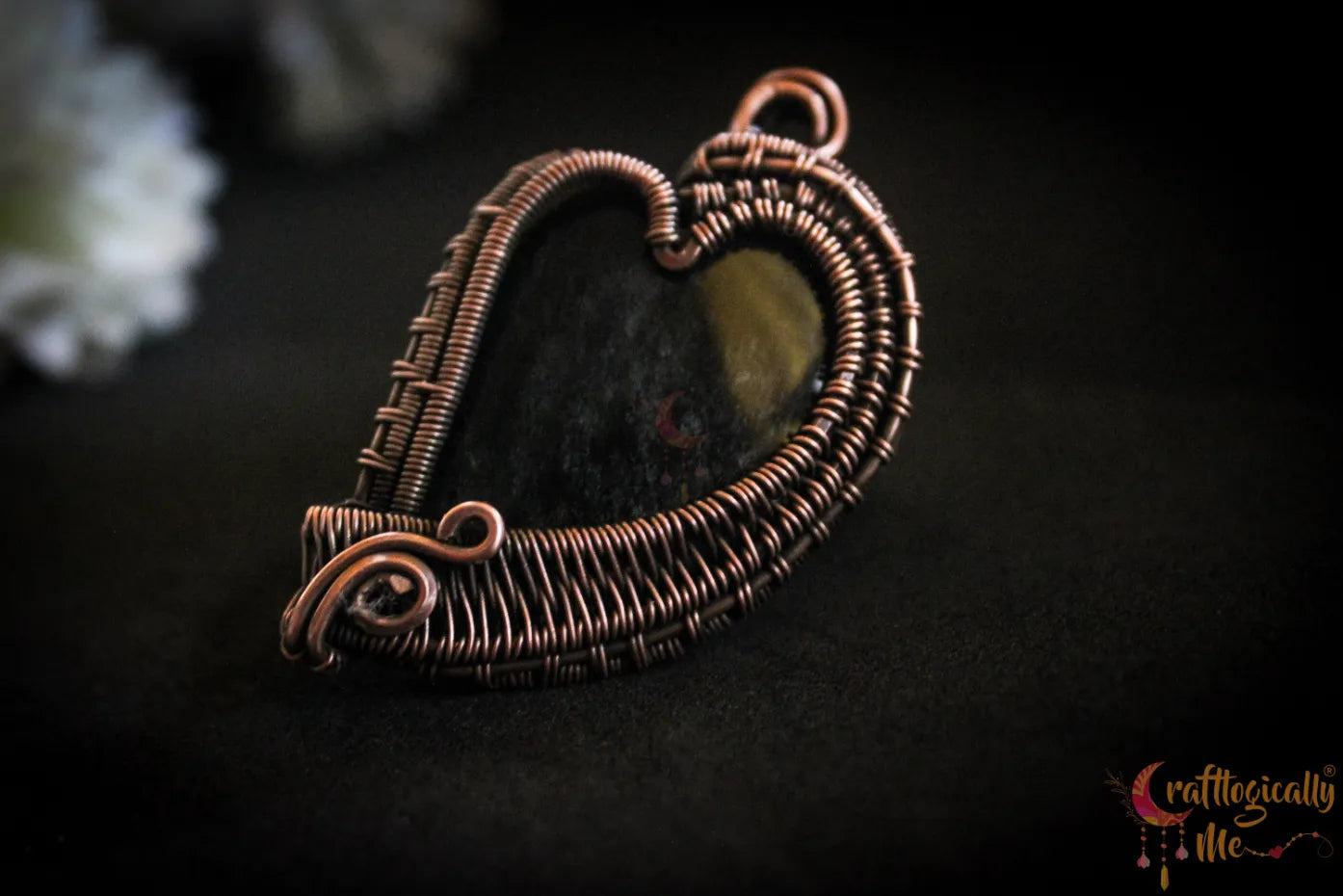 Silver Obsidian Gemstone Heart Wrap Pendant – Handmade Oxidized Copper Jewelry
