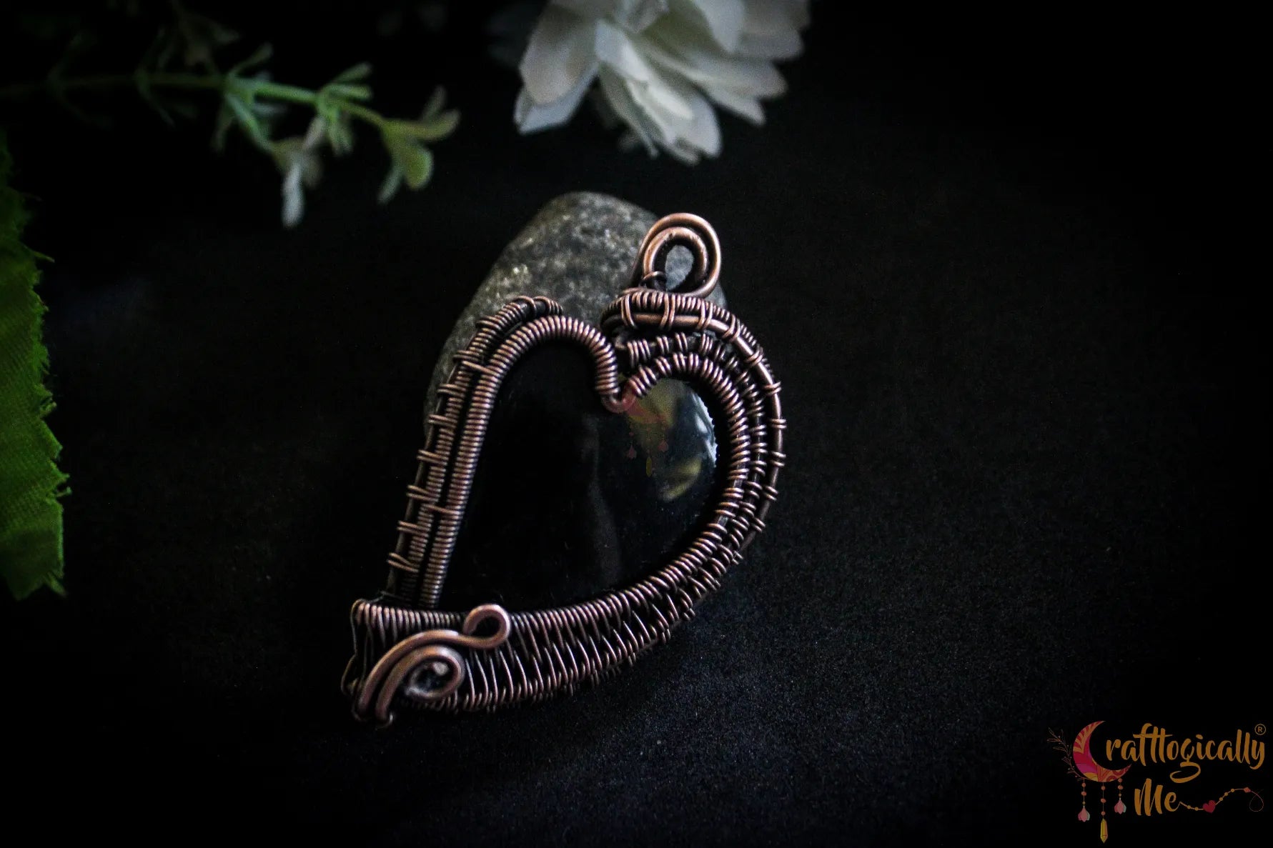 Silver Obsidian Gemstone Heart Wrap Pendant – Handmade Oxidized Copper Jewelry