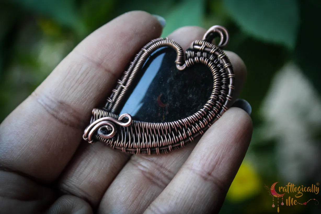 Silver Obsidian Gemstone Heart Wrap Pendant – Handmade Oxidized Copper Jewelry
