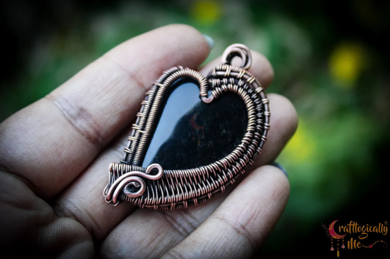 Silver Obsidian Gemstone Heart Wrap Pendant – Handmade Oxidized Copper Jewelry