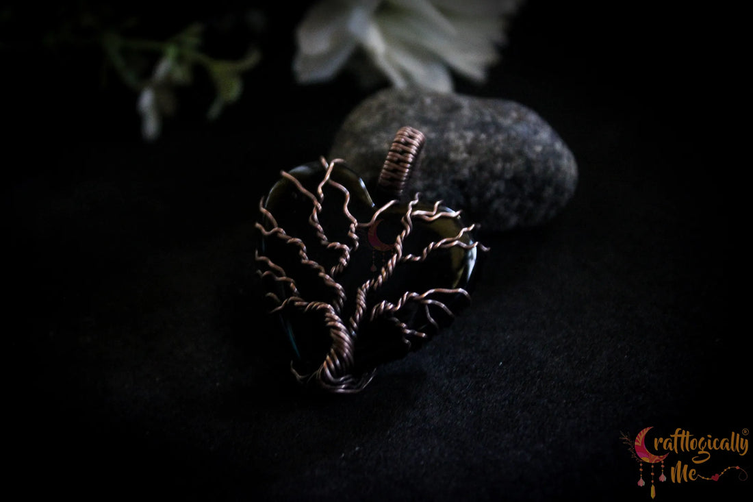 Black Onyx Heart Tree of Life Pendant – Handmade Oxidized Copper Wire Wrapped Jewelry