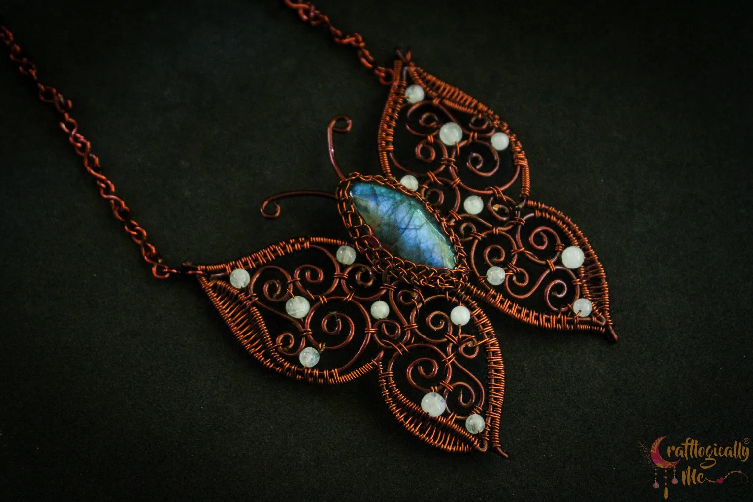 Blue Labradorite Butterfly Pendant with Moonstone Bead Wings – Handmade Gemstone Jewelry