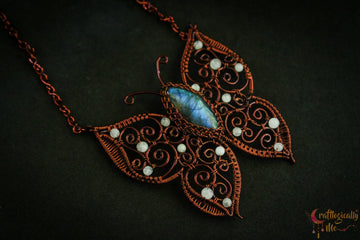 Blue Labradorite Butterfly Pendant with Moonstone Bead Wings – Handmade Gemstone Jewelry
