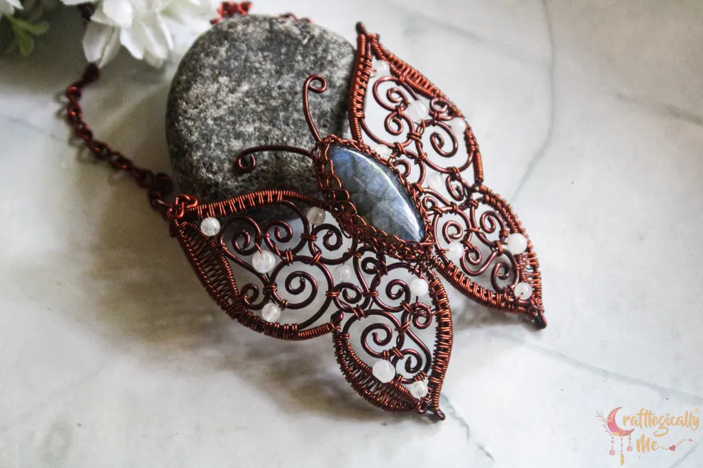 Blue Labradorite Butterfly Pendant with Moonstone Bead Wings – Handmade Gemstone Jewelry
