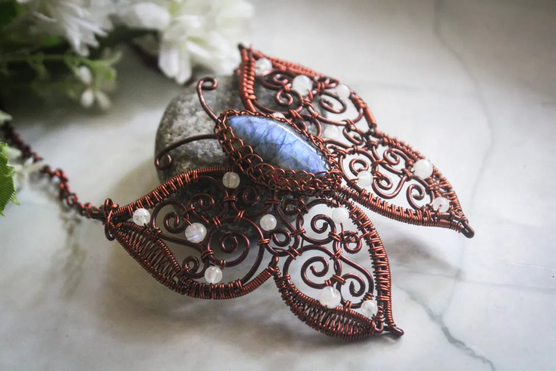 Blue Labradorite Butterfly Pendant with Moonstone Bead Wings – Handmade Gemstone Jewelry