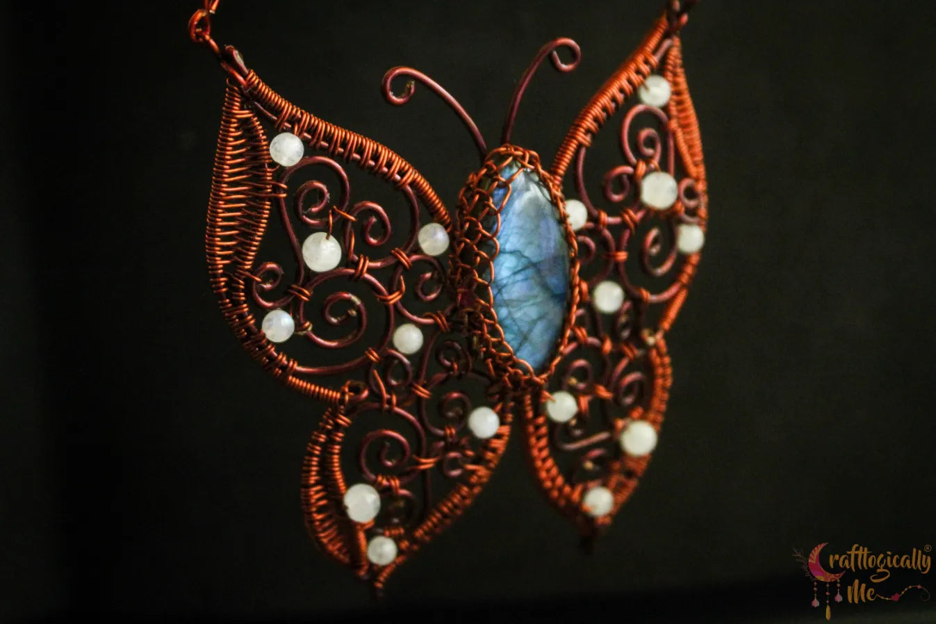 Blue Labradorite Butterfly Pendant with Moonstone Bead Wings – Handmade Gemstone Jewelry