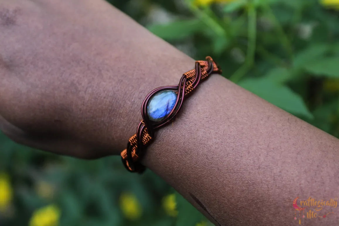 Blue Labradorite Gemstone Criss Cross Bracelet Cuff – Handmade Anti-Tarnish Copper Jewelry