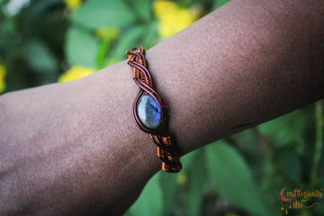 Blue Labradorite Gemstone Criss Cross Bracelet Cuff – Handmade Anti-Tarnish Copper Jewelry