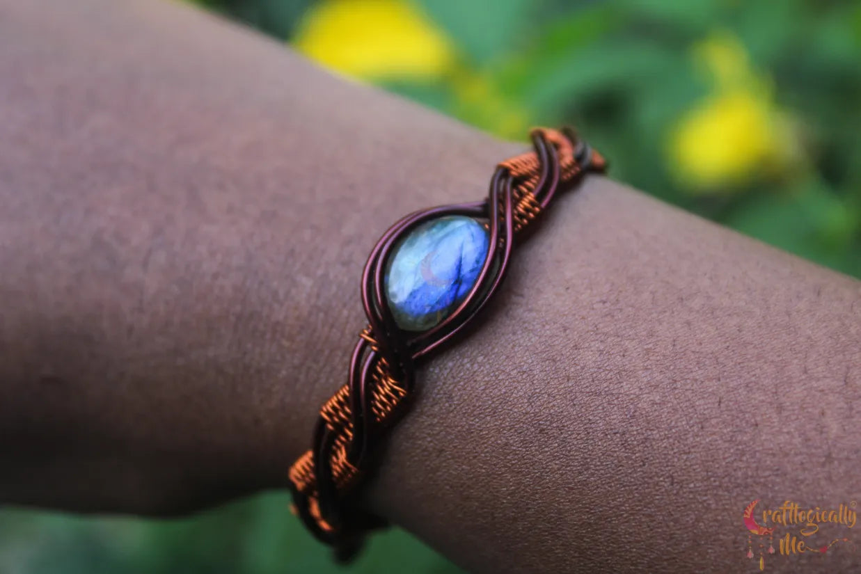 Blue Labradorite Gemstone Criss Cross Bracelet Cuff – Handmade Anti-Tarnish Copper Jewelry