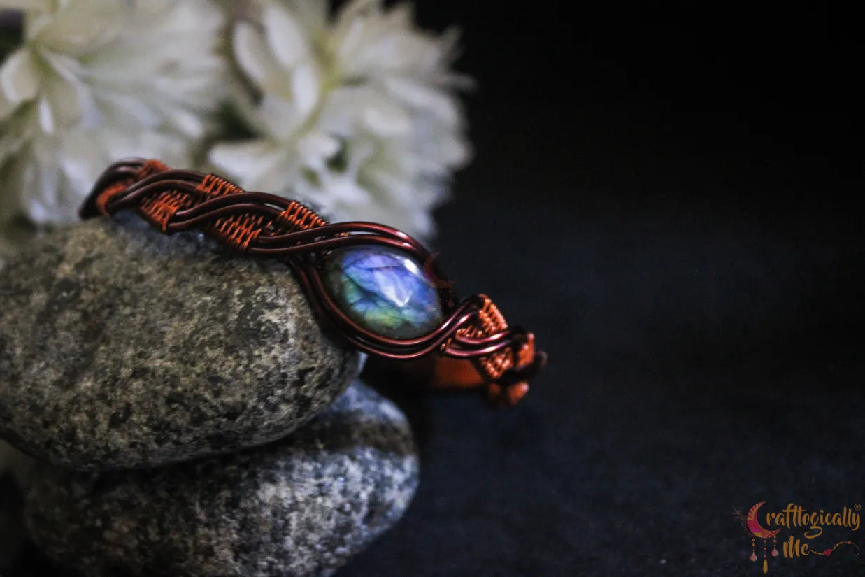 Blue Labradorite Gemstone Criss Cross Bracelet Cuff – Handmade Anti-Tarnish Copper Jewelry