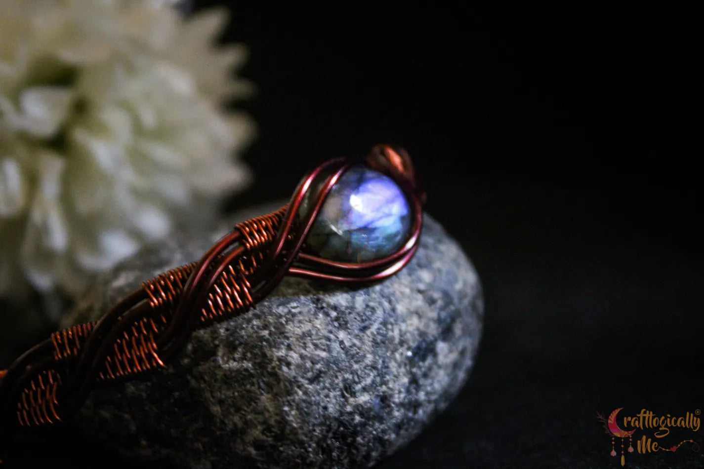 Blue Labradorite Gemstone Criss Cross Bracelet Cuff – Handmade Anti-Tarnish Copper Jewelry