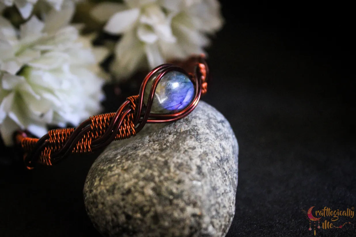 Blue Labradorite Gemstone Criss Cross Bracelet Cuff – Handmade Anti-Tarnish Copper Jewelry