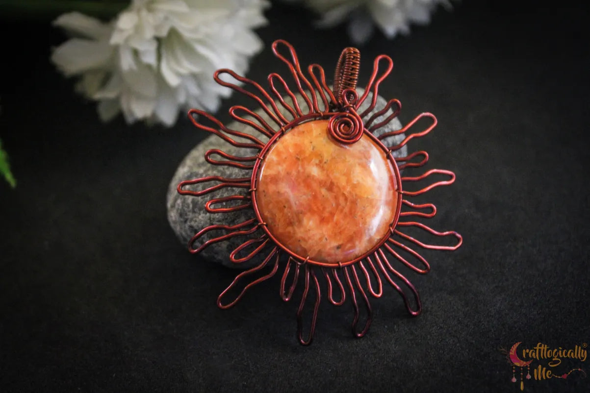 Orange Calcite Gemstone Sun Pendant – Handmade Wire Wrapped Jewelry