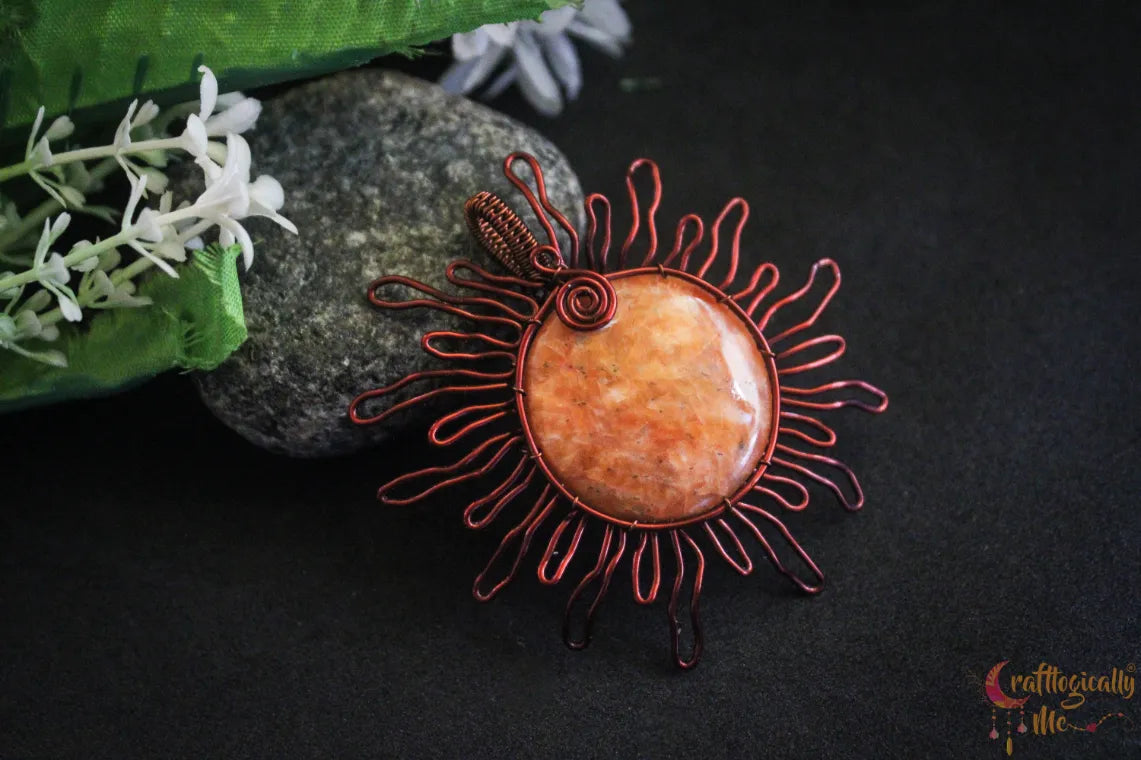 Orange Calcite Gemstone Sun Pendant – Handmade Wire Wrapped Jewelry
