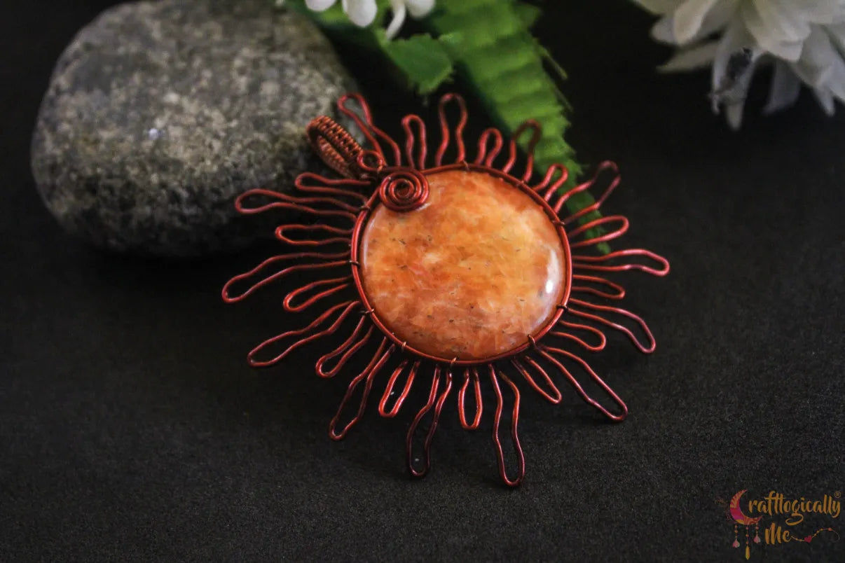 Orange Calcite Gemstone Sun Pendant – Handmade Wire Wrapped Jewelry