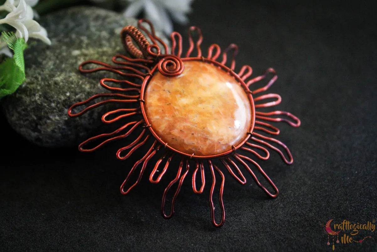 Orange Calcite Gemstone Sun Pendant – Handmade Wire Wrapped Jewelry