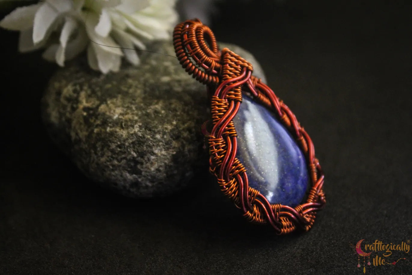 Lapis Lazuli Gemstone Criss Cross Drop Pendant – Handmade Wire Wrapped Jewelry