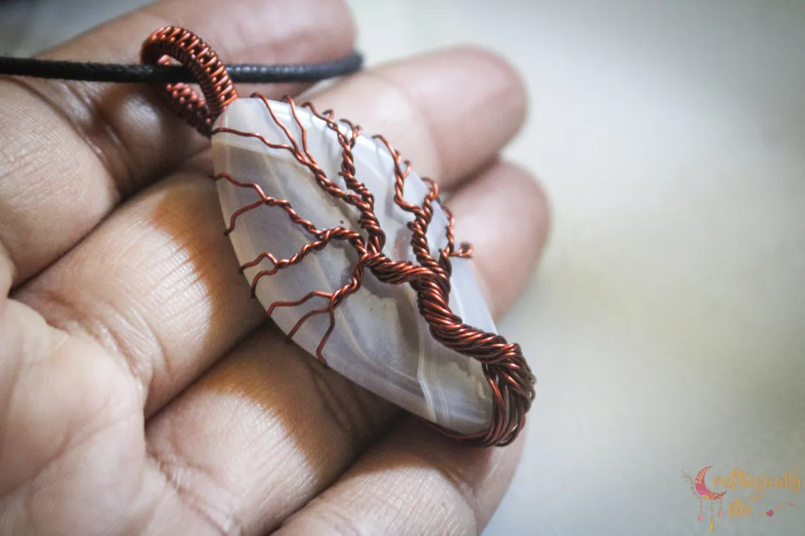 Crazy Lace Agate Tree of Life Gemstone Pendant – Anti-Tarnish Copper Jewelry