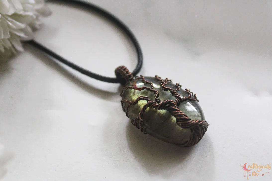 Green Labradorite Gemstone 4-in-1 Tree of Life Necklace | Oxidized Copper Jewelry