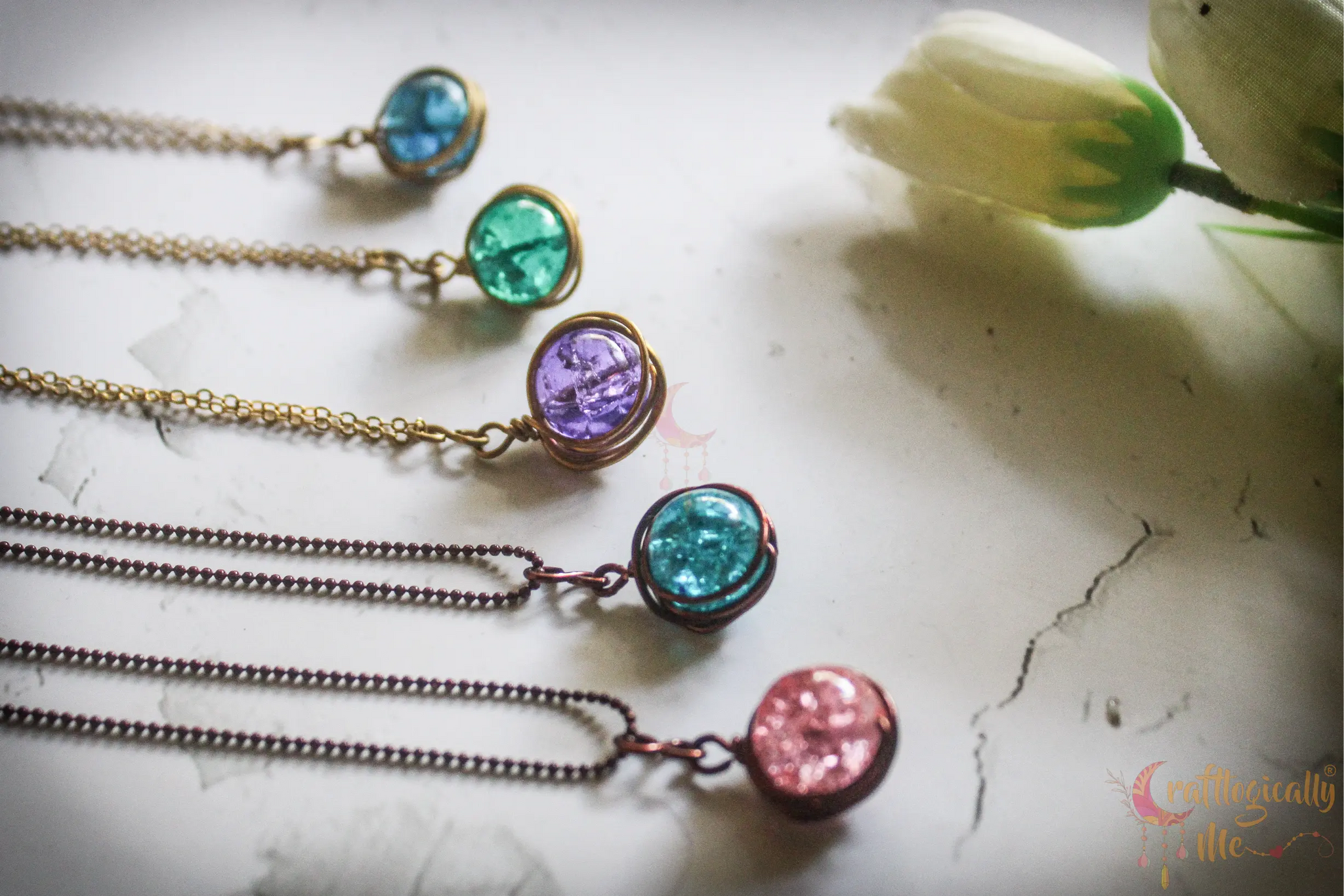 Crackle Bead Round Wrap Pendant – Handmade Wire Wrapped Glass Jewelry