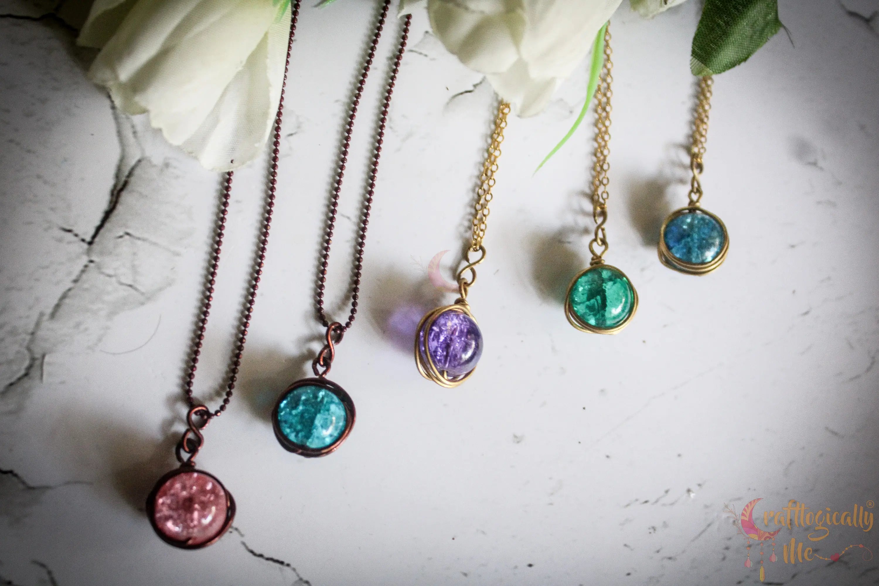 Crackle Bead Round Wrap Pendant – Handmade Wire Wrapped Glass Jewelry