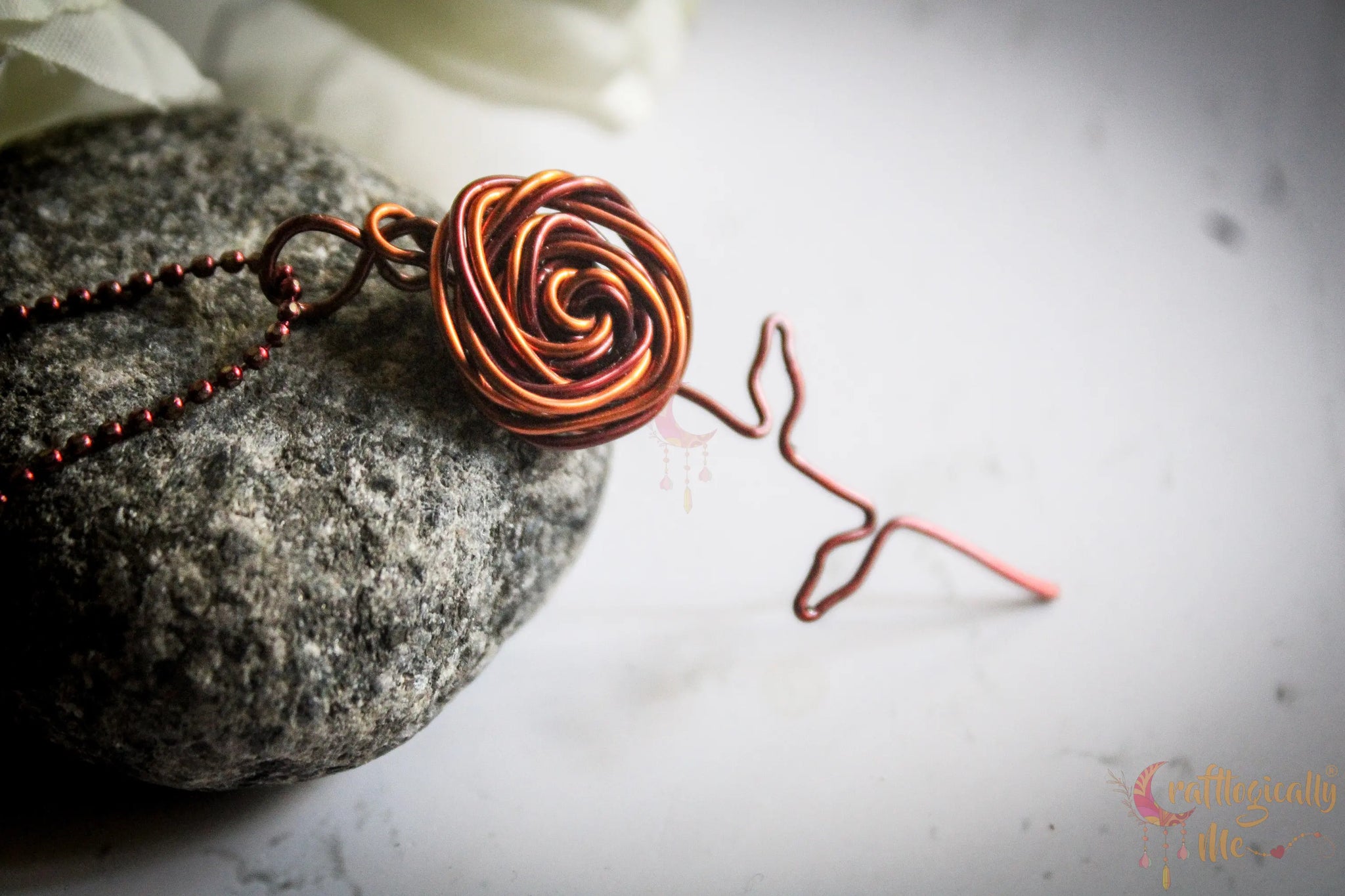 Dual Color Big Rose Pendant with Leaves – Handmade Wire Art Jewelry