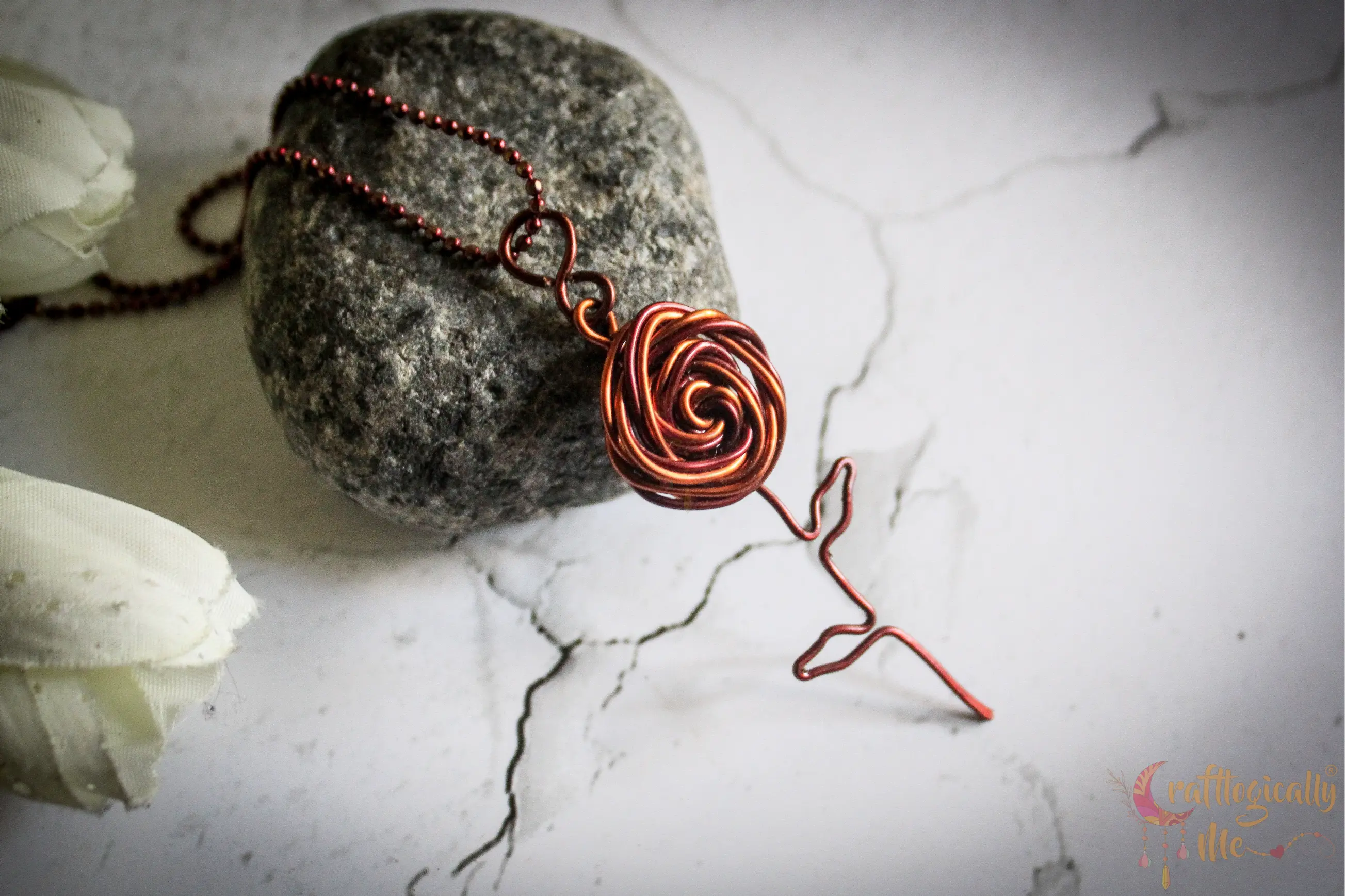 Dual Color Big Rose Pendant with Leaves – Handmade Wire Art Jewelry