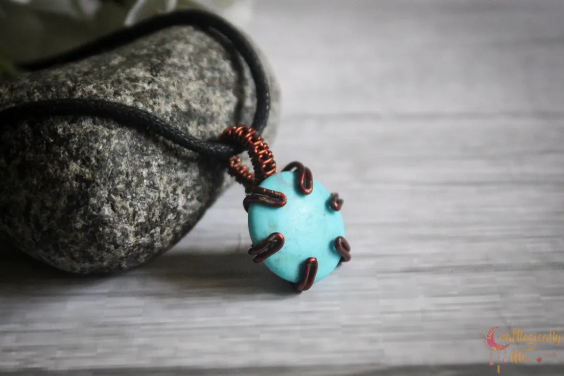 Turquoise Howlite Stone Round Prong Pendant – Handmade Anti-Tarnish Copper Jewelry