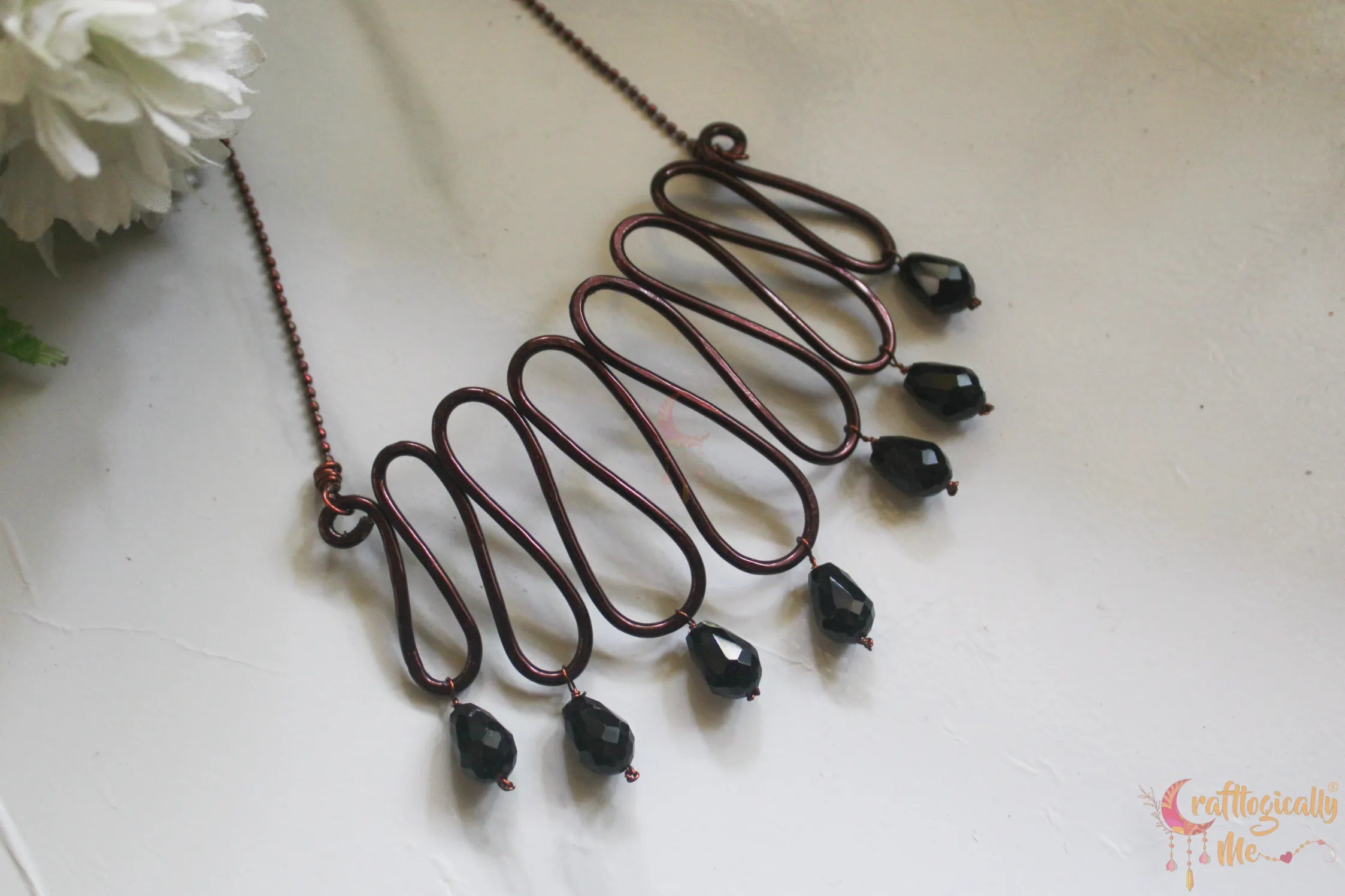 Zigzag Choker Necklace with Black Crystal Drop – Handmade Statement Jewelry