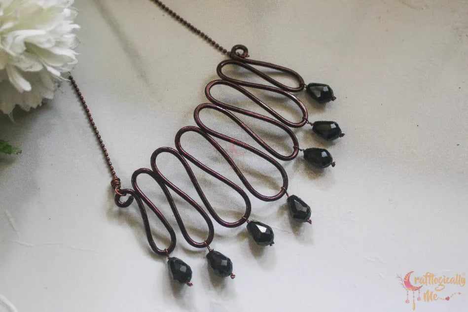 Zigzag Choker Necklace with Black Crystal Drop – Handmade Statement Jewelry