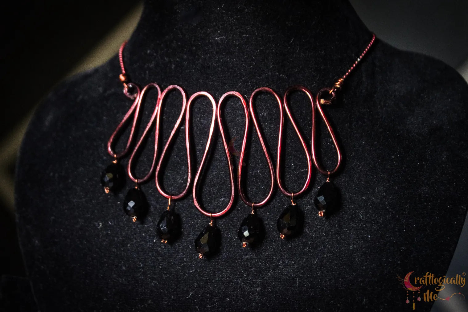 Zigzag Choker Necklace with Black Crystal Drop – Handmade Statement Jewelry