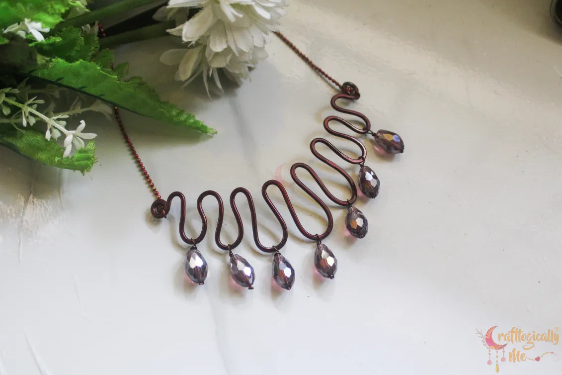 Zigzag Choker Necklace with Wine Crystal Drop – Handmade Statement Jewelry