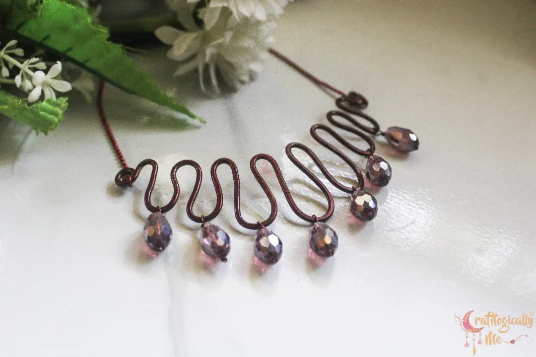 Zigzag Choker Necklace with Wine Crystal Drop – Handmade Statement Jewelry