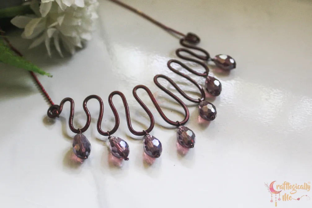 Zigzag Choker Necklace with Wine Crystal Drop – Handmade Statement Jewelry