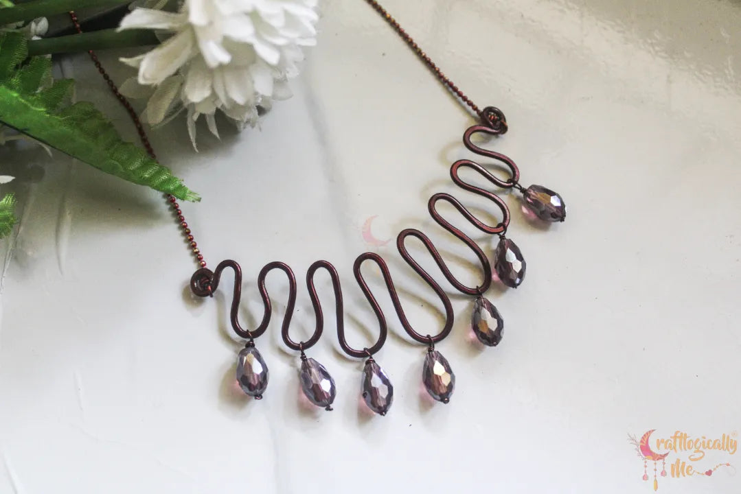 Zigzag Choker Necklace with Wine Crystal Drop – Handmade Statement Jewelry