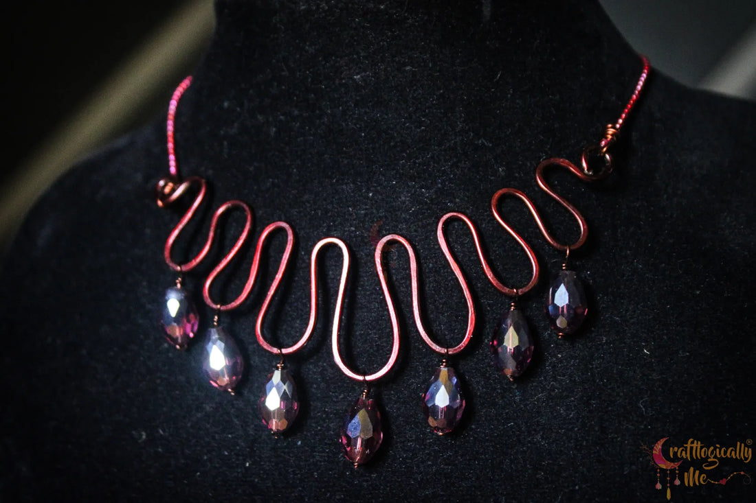 Zigzag Choker Necklace with Wine Crystal Drop – Handmade Statement Jewelry