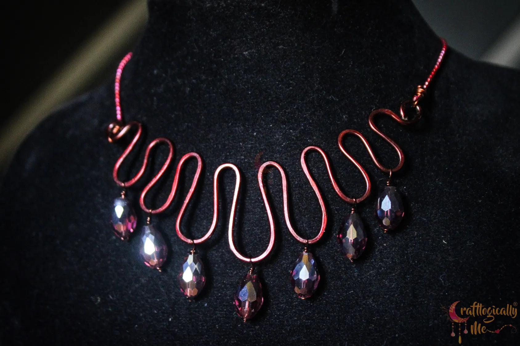 Zigzag Choker Necklace with Wine Crystal Drop – Handmade Statement Jewelry
