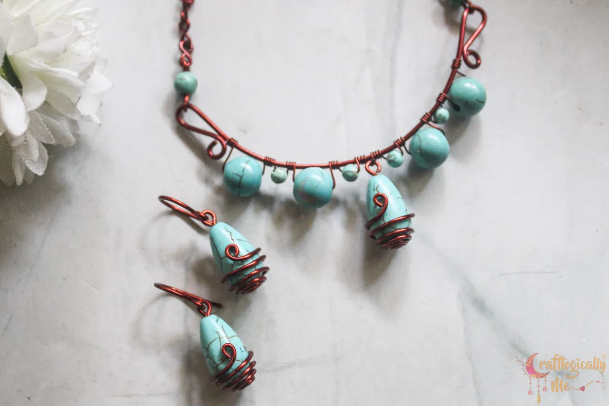 Turquoise Choker Bead Set, Earrings And Necklace Combo – Handmade Wire Jewelry