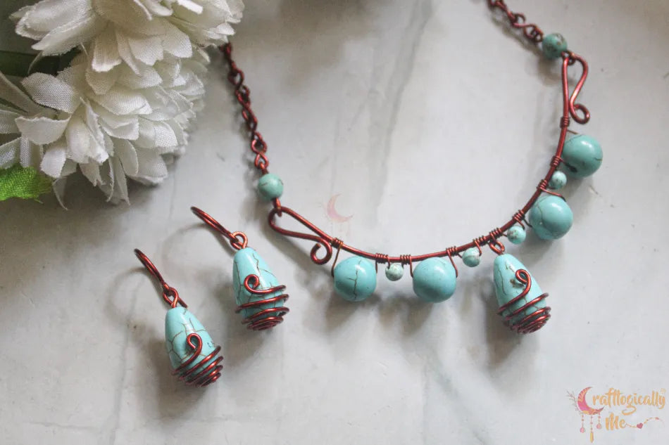 Turquoise Choker Bead Set, Earrings And Necklace Combo – Handmade Wire Jewelry