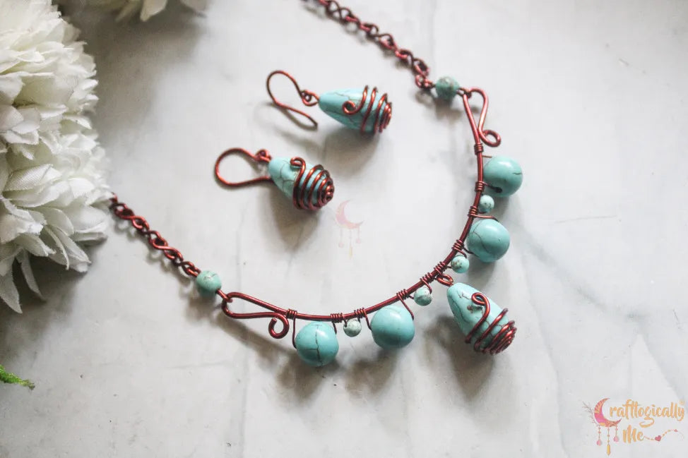 Turquoise Choker Bead Set, Earrings And Necklace Combo – Handmade Wire Jewelry